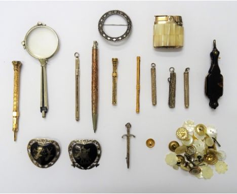 A gold dress stud, detailed 15, weight 1.2 gms, four brooches, two toothpicks, a silver swizzle stick, a folding button hook,