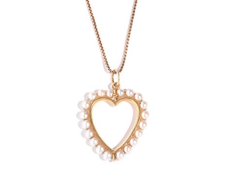 A gold and cultured pearl pendant, designed as an open heart, detailed 14 K, gross weight 6 gms, with a 9ct gold box link nec