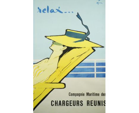 Gruau; 'Relax Compagine Maritying des Chargeurs Reunis', circa 1954, French tourism poster, lithograph in colours, laid to li