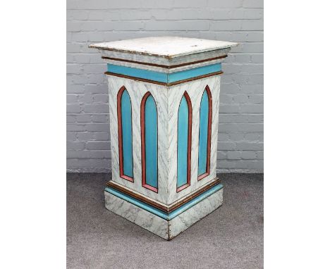 A Gothic revival polychrome painted faux marble pedestal with arch moulded sides on stepped base, 66cm wide x 112cm high. 