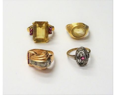 A gold, diamond and synthetic ruby set cocktail ring, in a curved design, a gold ring, claw set with a rectangular step cut c