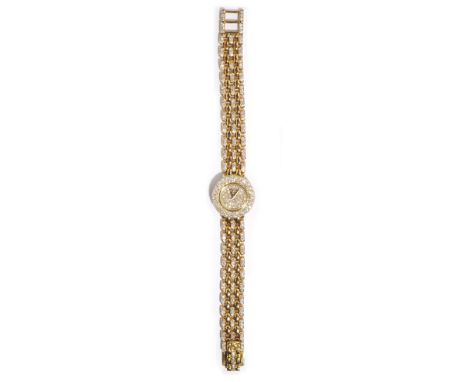 A Chopard gold and diamond set lady's bracelet wristwatch, circa 1988, the circular dial and bezel pave set with circular cut