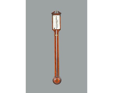 F. Salteri Co Nottingham, a mahogany and chequered stick barometer, 19th century, with broken arch pediment, silvered plate a