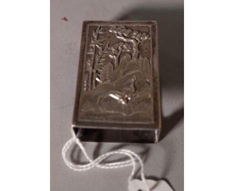 A Chinese export silver matchbox cover, mark of Luen Hing, late 19th/early 20th century, of rectangular form, the top decorat