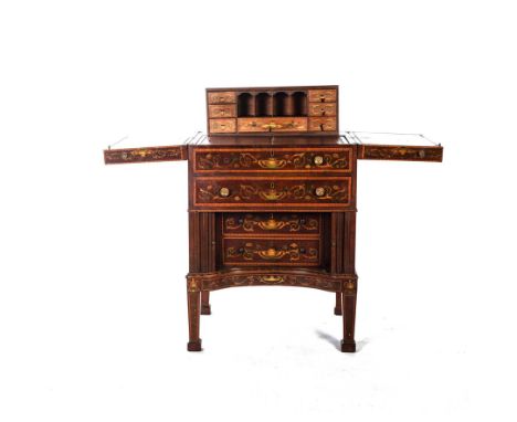 The herring-bone satinwood banded hinged rectangular top enclosing two lidded compartments and a pop up set of drawers and co