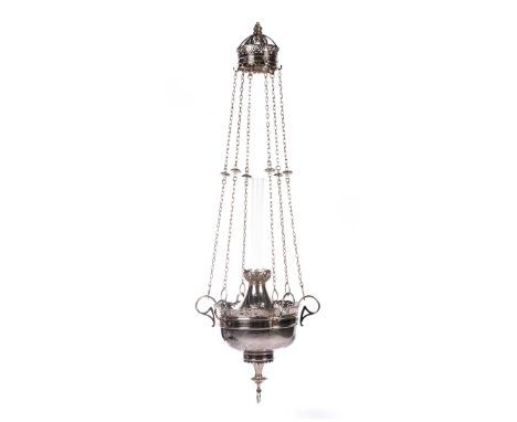 The bowl-shaped chandelier with pierced rim, suspended on chains from a crown, centred with a glass chimney, drop finial, fit