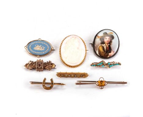 Comprising: a seed pearl and turquoise brooch, in 9ct gold; a seed pearl brooch, maker's mark W.M.C , Chester, 1894, cigar-sh