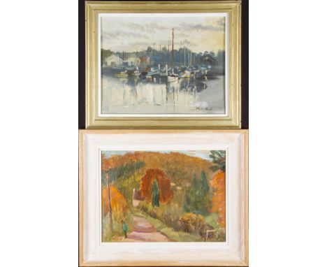 VAN ART. Framed, signed, 20th Century oil on board, harbour scene with moored boats at dusk, together with a framed, indistin