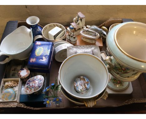 A box of various assorted items including a Royal Crown Derby pill pot, Simpson jug, glass flowers in vase, a lighter, enamel