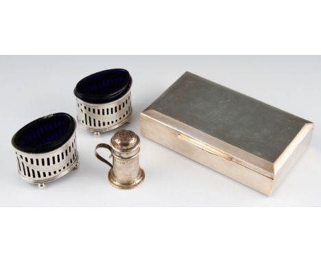 A lot to include a white metal rectangular cigarette box, stamped STERLING SILVER, together with a pair of Victorian silver o