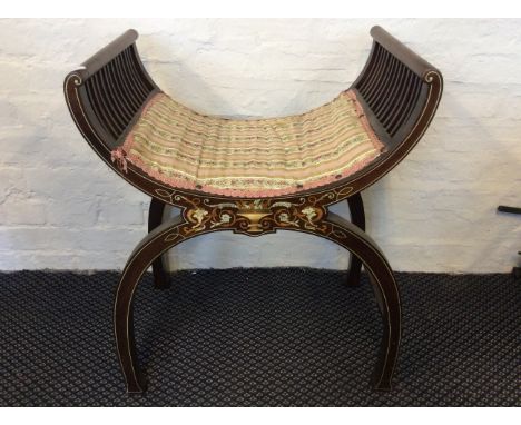 An Edwardian mahogany X framed stool with inlay decoration and padded seat.