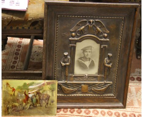 An oak framed WW1 photograph of a sailor, killed in 1915, together with a reverse over painted print on glass panel depicting