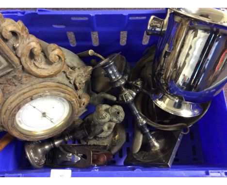 A box of various items including jam kettle, barometer, ice bucket, candlesticks etc.