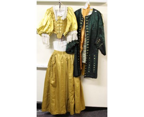 Two seventeenth century (Charles I) costumes; one ladies with gold bodice, skirt and boned top and one male green and gold wi