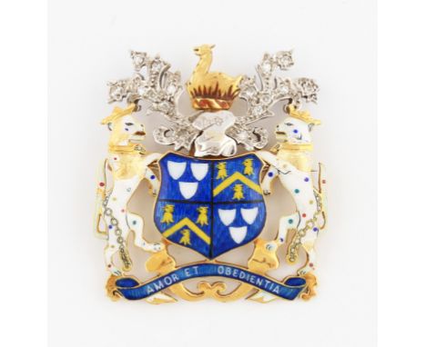 An 18ct yellow gold enamel and diamond set brooch depicting the crest for The Worshipful Company of Painters - Stainers, hall