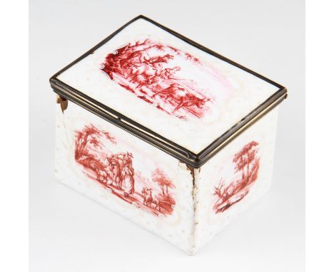 An 18th Century enamel hinged casket / box, probably Battersea, having pink coloured ladscape scenes with figures in classica