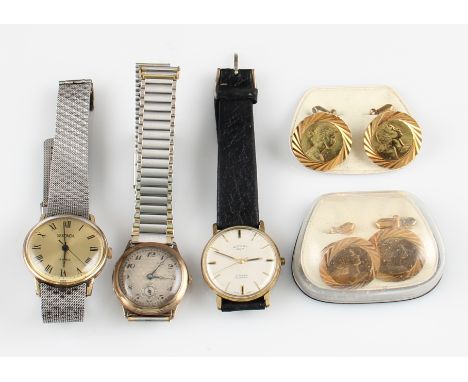 A yellow metal cased wrist watch, the engine turned dial having hourly Arabic numeral markers with minute track border and su
