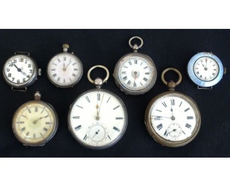 A silver key wind fusee movement open face pocket watch, hallmarked London 1919, along with another pocket watch and three fo