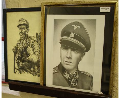 G. STEPHENS. Framed, signed, pencil on paper, bust length portrait of Nazi SS-Obergruppenführer Wilhelm Bittrich, together wi
