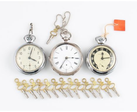 A Victorian silver open face key wind pocket watch, the white enamel dial having hourly Roman numeral markers with minute tra