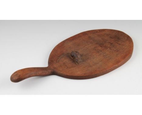 A Robert 'Mouseman' Thompson wooden cheeseboard of oval form with raised handle with mouse figure to board, length 37cm.