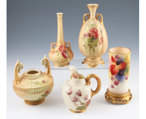 A group of five Royal Worcester pottery items to include; cylindrical vase on gilt fretwork base with body painted with leaf 