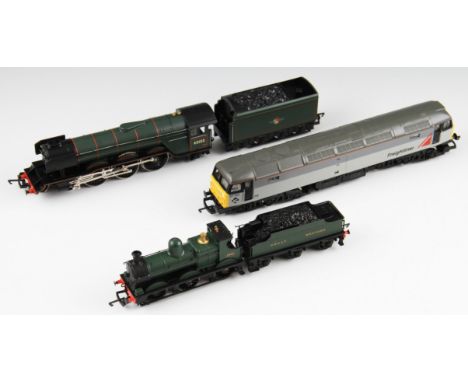 A group of three boxed Hornby OO gauge locomotives; R.078 BR Flying Scotsman, R.2013C CL47 47301 and R.2064 GWR Dean Goods lo