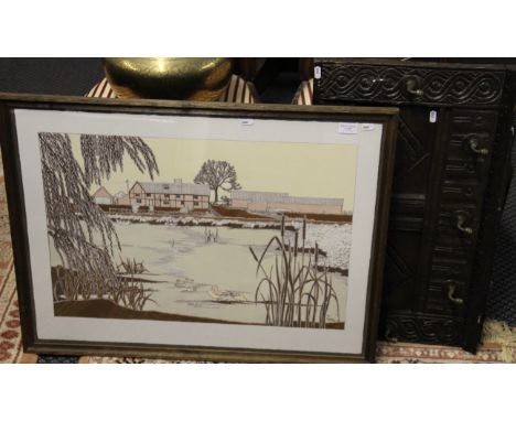 BRIDGET MCHALE. Framed, signed, dated 1979, limited edition print of lake scene together with an oak coat hanger rack.