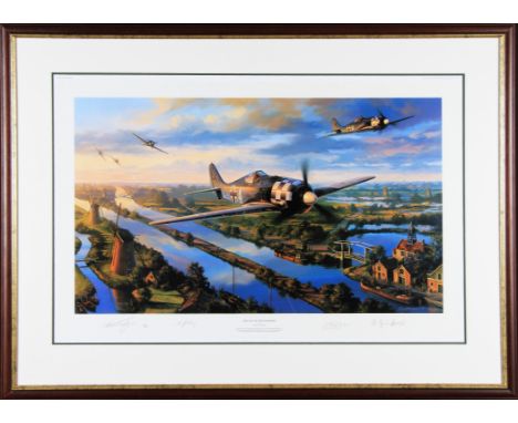 A framed and glazed limited edition print titled ‘Day of the Fighters’, signed by the artist and three FW-190 pilots; Adolf G