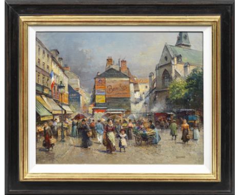 Detlev Nitschke (Geb. 1935 Berlin. Ansässig in Göttingen)Markt in der Rue de Mouffetard in ParisVielfigurige, belebte Straßen