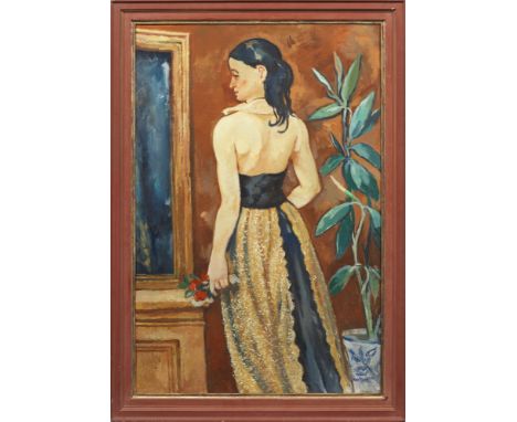 Otto Schubert (1892 Dresden - 1970 ebenda)Elegante junge Dame mit Blumenstrauß in einem InterieurMit weich pastosem Duktus un