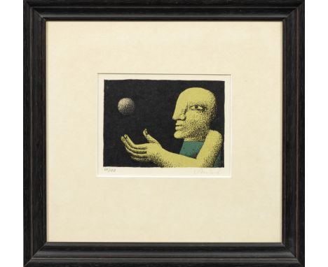 Horst Antes (Geb. 1936 Heppenheim)"Bildnis mit Kugel". Originaltitel Farboffsetlithographie/Velin, 1971. Sign. u. nummeriert 