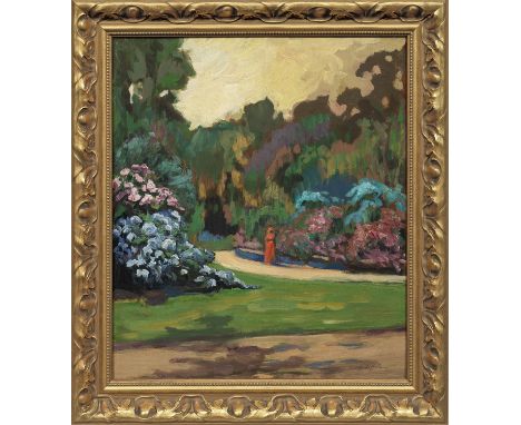 Béla Balla (1882 Arad - 1965 Nagybánya/Baia Mare)Parklandschaft mit Dame in rotem KleidIn frisch leuchtendem Kolorit und mit 