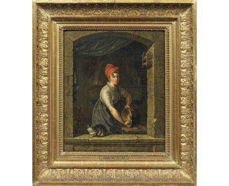 Johannes Hari (1772 Den Haag - 1849 ebenda)Küchenmagd am FensterAn einem geöffneten, steinernen Fenster stehendes Mädchen mit