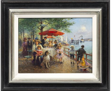 Detlev Nitschke (Geb. 1935 Berlin. Ansässig in Göttingen)HavelcaféVielfigurige Szene mit sommerlichem Sonntagsvergnügen in ei