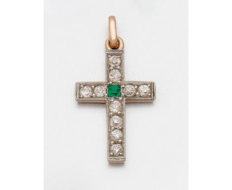 Jugendstil-Diamantkreuz Roségold, 14 ct. und Silber. Schauseitig besetzt mit Diamantrosen von zus. ca. 0,40 ct. und einem Sma