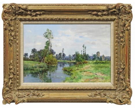 Maurice Lévis (1860 Paris - 1940 ebenda)SommertagBlick auf eine elegische, lichtdurchflutete Flusslandschaft unter einem blau