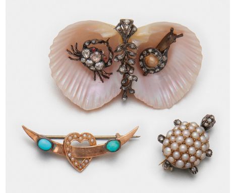 Drei viktorianische Tier- bzw. Freundschafts-Broschen Roségold, 14/15 ct. und Silber. Darstellung einer Schildkröte besetzt m