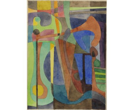Oskar Fischer (1892 Karlsruhe - 1955 Berlin-Köpenick)Abstrakte KompositionAuf verschiedenfarbigen, unregelmäßigen Farbflächen