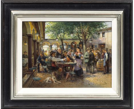 Detlev Nitschke (Geb. 1935 Berlin. Ansässig in Göttingen)Biergarten des Sternbräu in SalzburgVielfigurige, sommerlich heitere