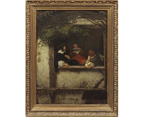 Moritz von Beckerath (1838 Krefeld - 1896 München) Barocke Herrenrunde am FensterBlick von außen durch das umrankte Fenster a