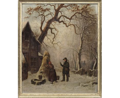 Edmund Koken (1814 Hannover - 1872 ebenda)Winterliche Szene mit Figuren an einem alten Haus im WaldIm Vordergrund ein Jäger u