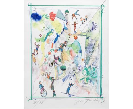 Jean Tinguely (1925 Freiburg/Schweiz - 1991 Bern)ZirkusFarboffsetlithographie mit collagierter blauer Feder/Papier. Sign. u. 