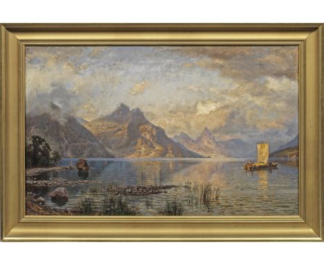 Otto Theoderich Adolf von Türckheim (1826 Freiburg im Breisgau - 1897 Baden-Baden)Alpensee mit Boot im MorgenlichtWohl Blick 