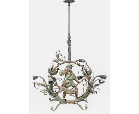 Historismus-Jagdlampe 6-flg.; Metall, polychrom gefasst und teilw. vergoldet. Korpus aus üppigen, kreisförmig angeordneten Bl