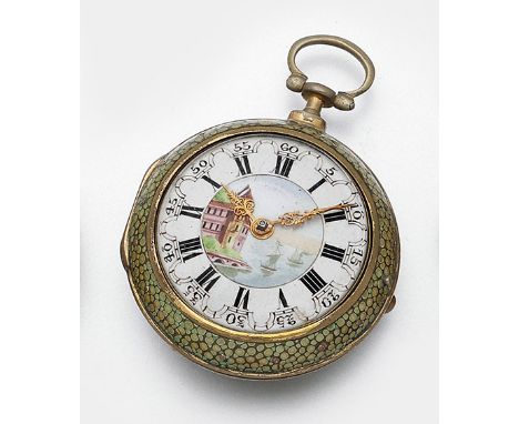 Repousseé-Spindeltaschenuhr von M. Dexter, London um 1775 Messing, teilw. feuervergoldet. Dreifachgehäuse mit Shagreenüberzug