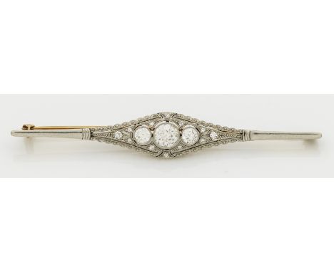 Feine Art Déco-Diamantnadel Gelbgold, 14 ct., teilw. platiniert. Schauseitig besetzt mit Diamanten von ca. 1,00 ct., umzogen 