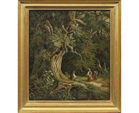 Carl Wilhelm Tischbein (1797 Dessau - 1855 Bückeburg)Romantische Waldlandschaft mit Bauernfamilie beim ReisigsammelnUnter dem