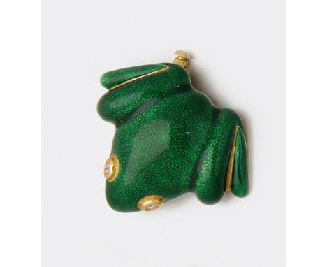 "Frosch"-Brosche Gelbgold, 18 ct., teilw. grün emailliert. Plastische Darstellung eines sitzenden Fosches, besetzt mit zwei D