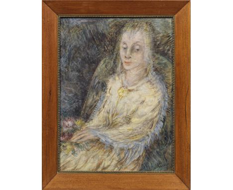 Otto Gleichmann (1887 Mainz - 1963 Hannover)Sitzende Frau mit blauem SchulterschleierExpressionistisches, eine stille Melanch